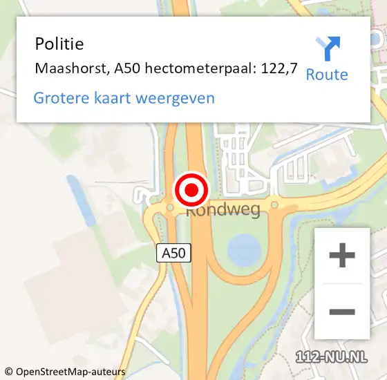 Locatie op kaart van de 112 melding: Politie Maashorst, A50 hectometerpaal: 122,7 op 18 mei 2024 20:30