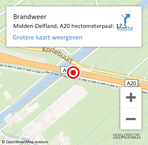 Locatie op kaart van de 112 melding: Brandweer Midden-Delfland, A20 hectometerpaal: 17,5 op 18 mei 2024 21:24