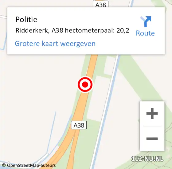 Locatie op kaart van de 112 melding: Politie Ridderkerk, A38 hectometerpaal: 20,2 op 18 mei 2024 21:28