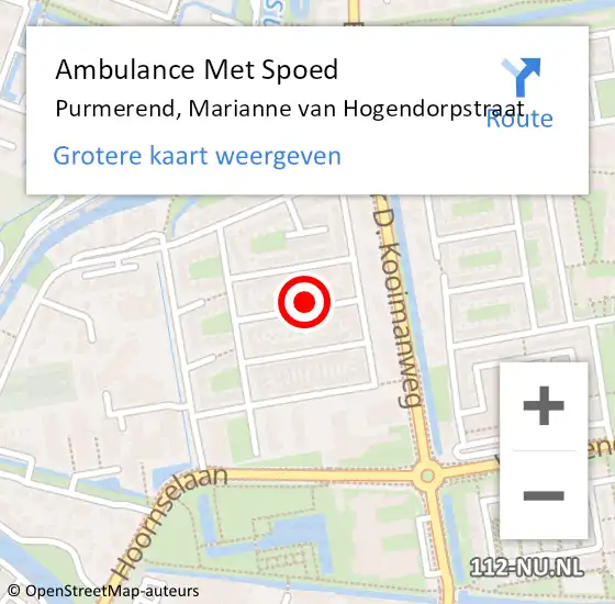 Locatie op kaart van de 112 melding: Ambulance Met Spoed Naar Purmerend, Marianne van Hogendorpstraat op 18 mei 2024 21:48