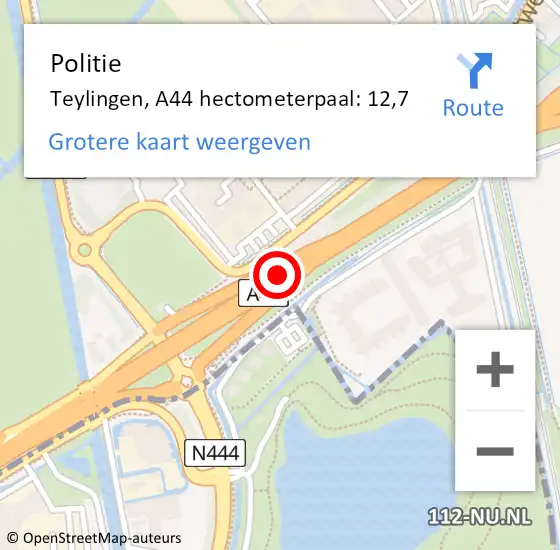 Locatie op kaart van de 112 melding: Politie Teylingen, A44 hectometerpaal: 12,7 op 18 mei 2024 22:20