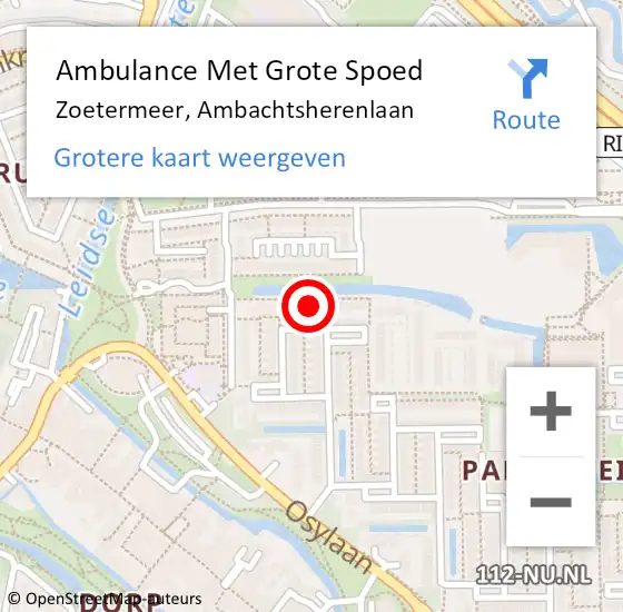 Locatie op kaart van de 112 melding: Ambulance Met Grote Spoed Naar Zoetermeer, Ambachtsherenlaan op 18 mei 2024 23:32