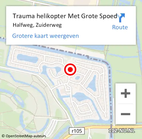 Locatie op kaart van de 112 melding: Trauma helikopter Met Grote Spoed Naar Halfweg, Zuiderweg op 18 mei 2024 23:55