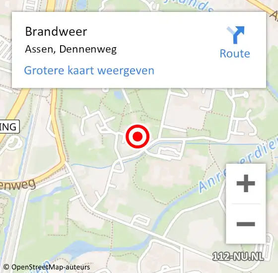 Locatie op kaart van de 112 melding: Brandweer Assen, Dennenweg op 19 mei 2024 00:45
