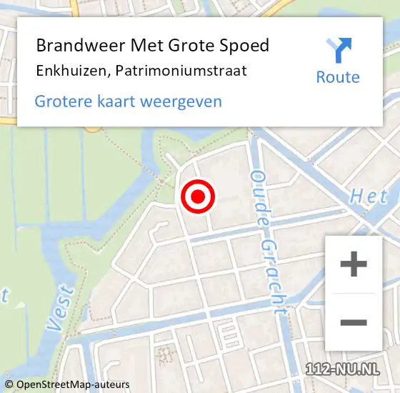 Locatie op kaart van de 112 melding: Brandweer Met Grote Spoed Naar Enkhuizen, Patrimoniumstraat op 19 mei 2024 01:33