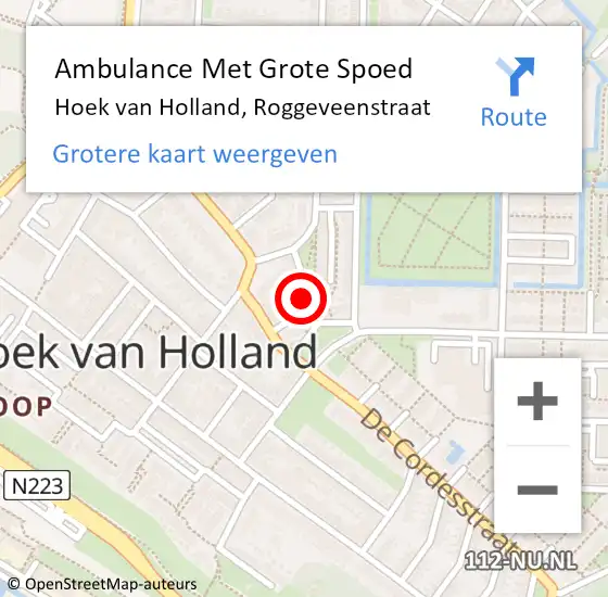 Locatie op kaart van de 112 melding: Ambulance Met Grote Spoed Naar Hoek van Holland, Roggeveenstraat op 19 mei 2024 01:52