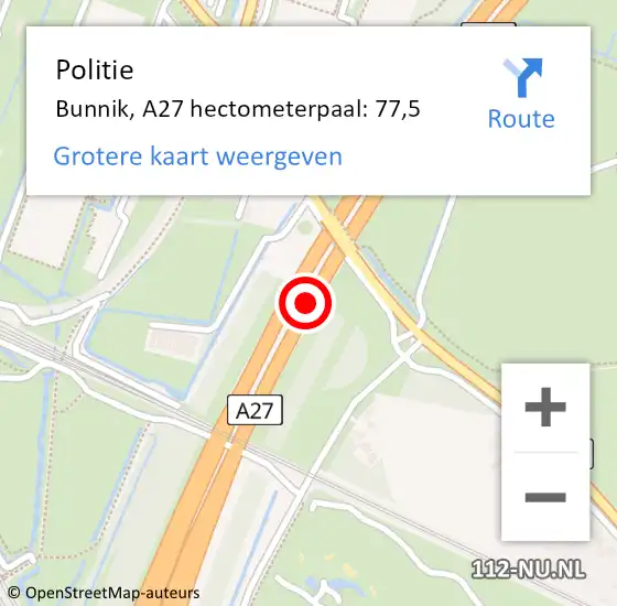 Locatie op kaart van de 112 melding: Politie Bunnik, A27 hectometerpaal: 77,5 op 19 mei 2024 03:02