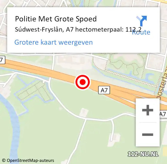 Locatie op kaart van de 112 melding: Politie Met Grote Spoed Naar Súdwest-Fryslân, A7 hectometerpaal: 112,2 op 19 mei 2024 06:16