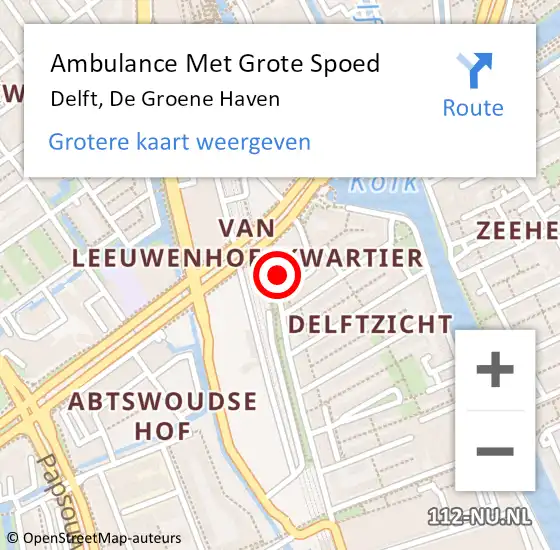 Locatie op kaart van de 112 melding: Ambulance Met Grote Spoed Naar Delft, De Groene Haven op 19 mei 2024 08:47