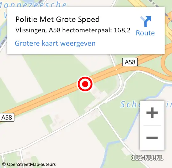 Locatie op kaart van de 112 melding: Politie Met Grote Spoed Naar Vlissingen, A58 hectometerpaal: 168,2 op 19 mei 2024 09:23