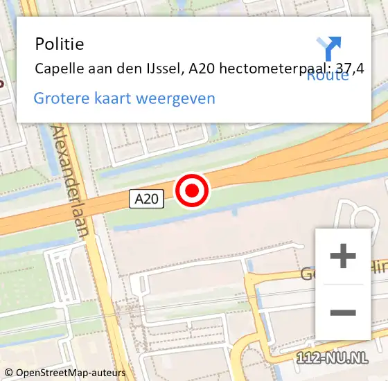 Locatie op kaart van de 112 melding: Politie Capelle aan den IJssel, A20 hectometerpaal: 37,4 op 19 mei 2024 09:38