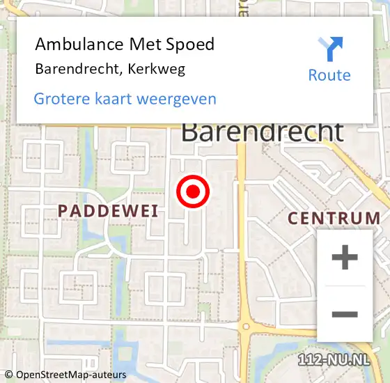 Locatie op kaart van de 112 melding: Ambulance Met Spoed Naar Barendrecht, Kerkweg op 19 mei 2024 10:19