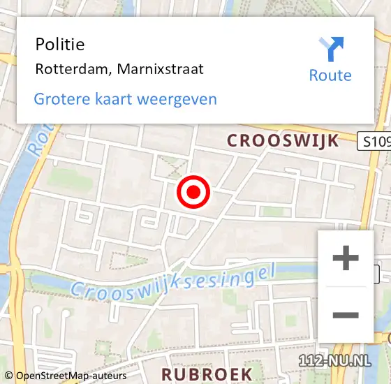 Locatie op kaart van de 112 melding: Politie Rotterdam, Marnixstraat op 19 mei 2024 11:16