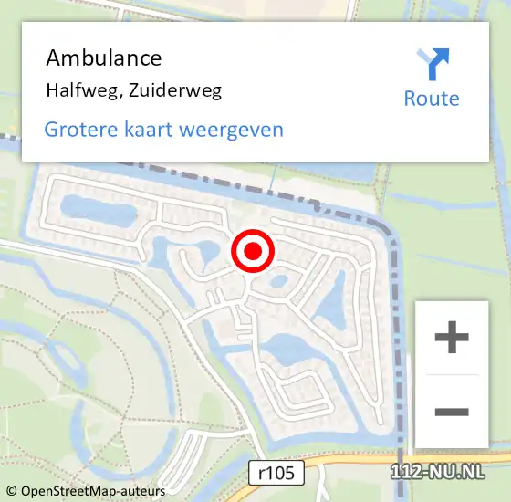 Locatie op kaart van de 112 melding: Ambulance Halfweg, Zuiderweg op 19 mei 2024 11:20