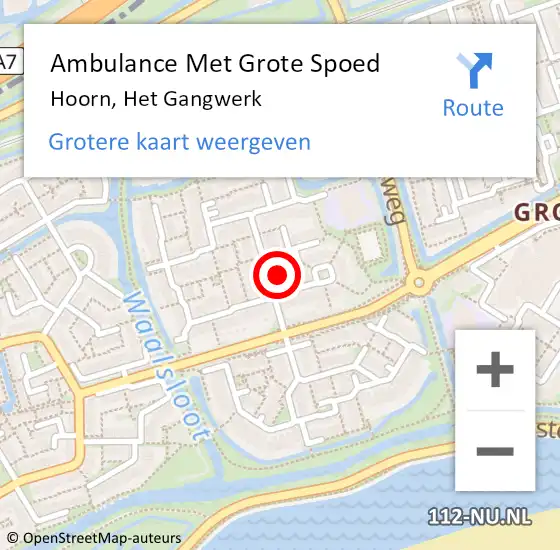 Locatie op kaart van de 112 melding: Ambulance Met Grote Spoed Naar Hoorn, Het Gangwerk op 19 mei 2024 12:00