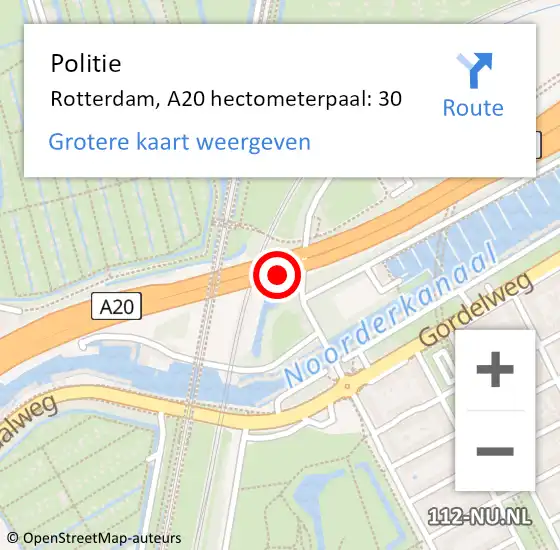 Locatie op kaart van de 112 melding: Politie Rotterdam, A20 hectometerpaal: 30 op 19 mei 2024 13:18