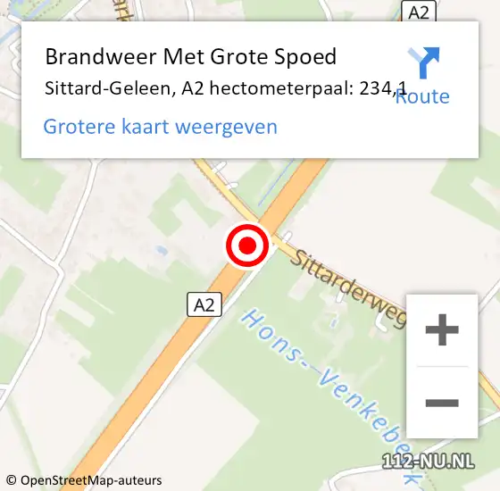Locatie op kaart van de 112 melding: Brandweer Met Grote Spoed Naar Sittard-Geleen, A2 hectometerpaal: 234,1 op 19 mei 2024 14:49