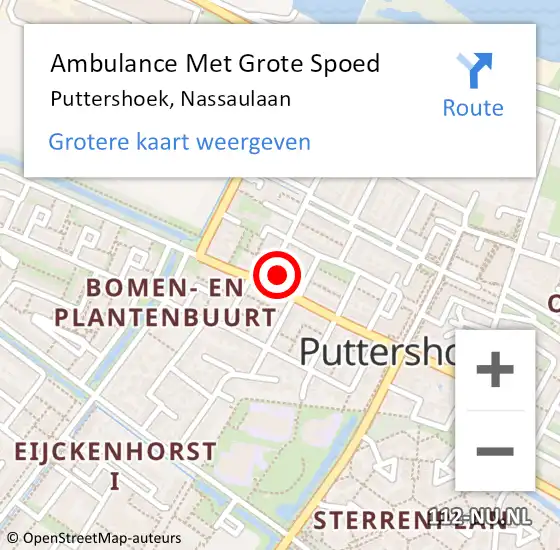 Locatie op kaart van de 112 melding: Ambulance Met Grote Spoed Naar Puttershoek, Nassaulaan op 19 mei 2024 15:00