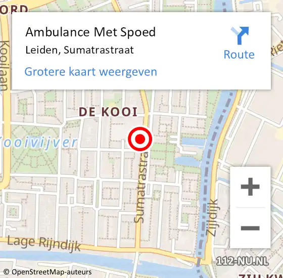 Locatie op kaart van de 112 melding: Ambulance Met Spoed Naar Leiden, Sumatrastraat op 19 mei 2024 15:29