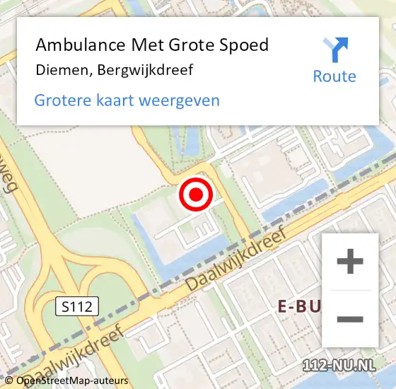 Locatie op kaart van de 112 melding: Ambulance Met Grote Spoed Naar Diemen, Bergwijkdreef op 19 mei 2024 15:41