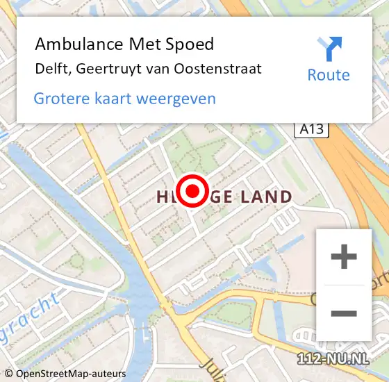 Locatie op kaart van de 112 melding: Ambulance Met Spoed Naar Delft, Geertruyt van Oostenstraat op 19 mei 2024 15:45
