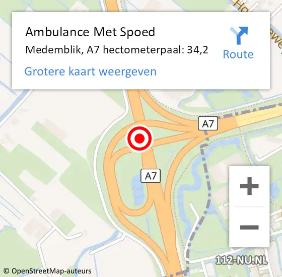 Locatie op kaart van de 112 melding: Ambulance Met Spoed Naar Medemblik, A7 hectometerpaal: 34,2 op 19 mei 2024 15:53