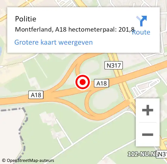 Locatie op kaart van de 112 melding: Politie Montferland, A18 hectometerpaal: 201,8 op 19 mei 2024 15:59