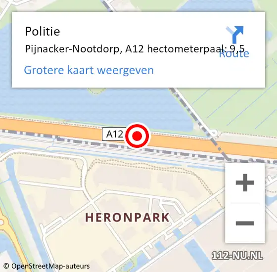 Locatie op kaart van de 112 melding: Politie Pijnacker-Nootdorp, A12 hectometerpaal: 9,5 op 19 mei 2024 15:59