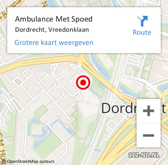 Locatie op kaart van de 112 melding: Ambulance Met Spoed Naar Dordrecht, Vreedonklaan op 19 mei 2024 16:23