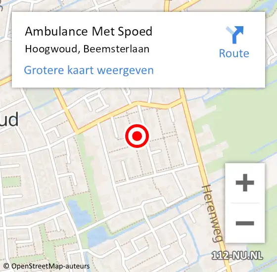 Locatie op kaart van de 112 melding: Ambulance Met Spoed Naar Hoogwoud, Beemsterlaan op 19 mei 2024 16:28