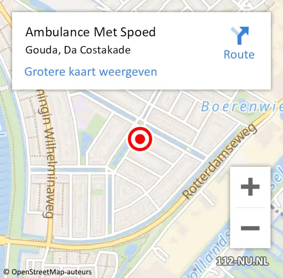Locatie op kaart van de 112 melding: Ambulance Met Spoed Naar Gouda, Da Costakade op 19 mei 2024 16:46