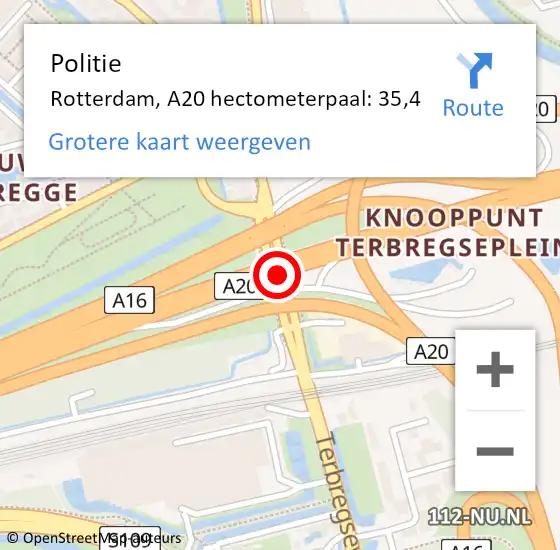 Locatie op kaart van de 112 melding: Politie Rotterdam, A20 hectometerpaal: 35,4 op 19 mei 2024 17:31