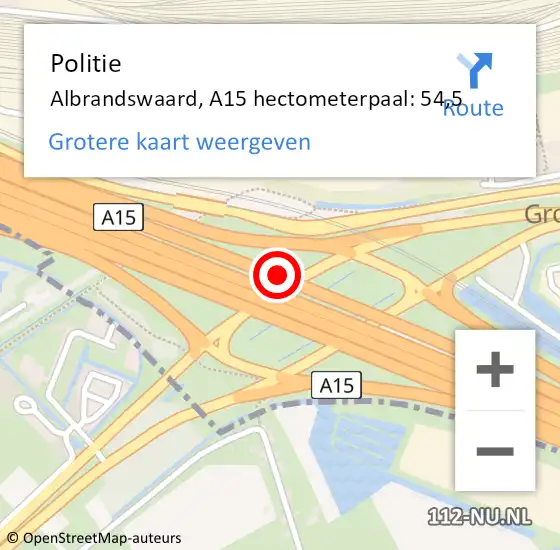 Locatie op kaart van de 112 melding: Politie Albrandswaard, A15 hectometerpaal: 54,5 op 19 mei 2024 18:11