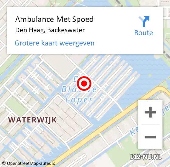 Locatie op kaart van de 112 melding: Ambulance Met Spoed Naar Den Haag, Backeswater op 19 mei 2024 18:17