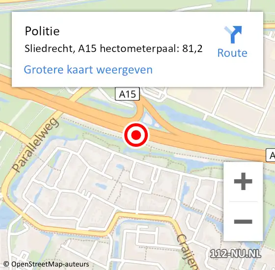 Locatie op kaart van de 112 melding: Politie Sliedrecht, A15 hectometerpaal: 81,2 op 19 mei 2024 18:29