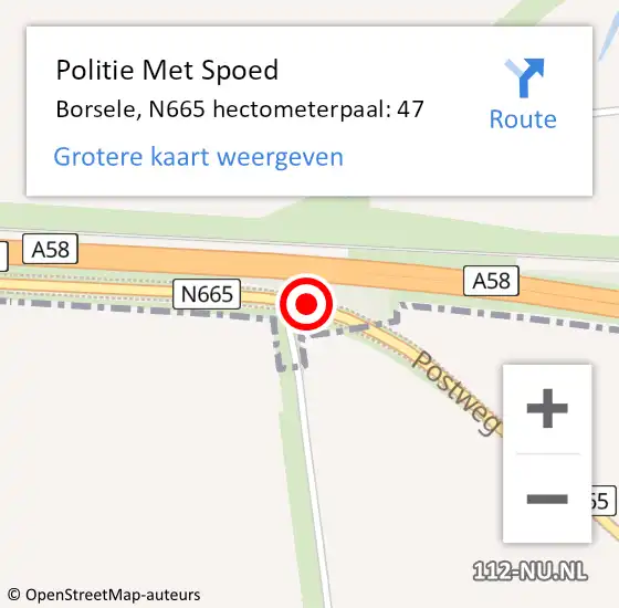Locatie op kaart van de 112 melding: Politie Met Spoed Naar Borsele, N665 hectometerpaal: 47 op 19 mei 2024 18:31
