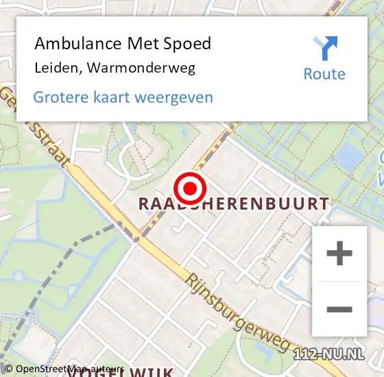 Locatie op kaart van de 112 melding: Ambulance Met Spoed Naar Leiden, Warmonderweg op 19 mei 2024 18:53