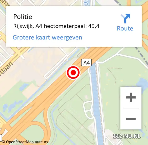 Locatie op kaart van de 112 melding: Politie Rijswijk, A4 hectometerpaal: 49,4 op 19 mei 2024 19:14