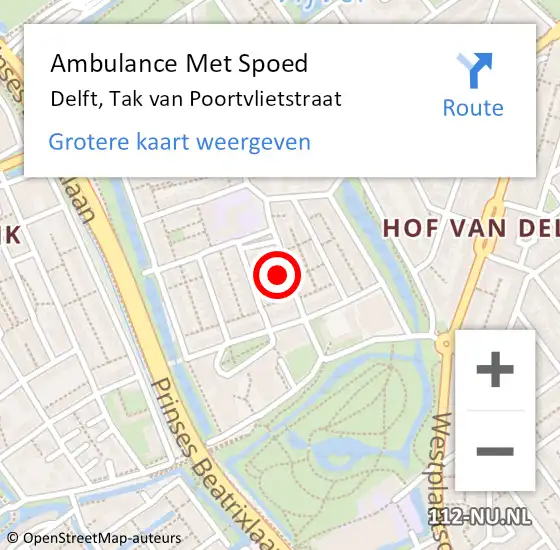 Locatie op kaart van de 112 melding: Ambulance Met Spoed Naar Delft, Tak van Poortvlietstraat op 19 mei 2024 19:24