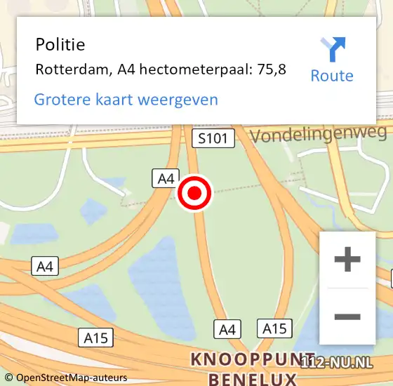 Locatie op kaart van de 112 melding: Politie Rotterdam, A4 hectometerpaal: 75,8 op 19 mei 2024 19:28