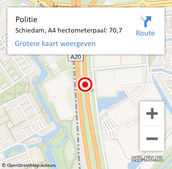 Locatie op kaart van de 112 melding: Politie Schiedam, A4 hectometerpaal: 70,7 op 19 mei 2024 19:58