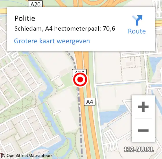 Locatie op kaart van de 112 melding: Politie Schiedam, A4 hectometerpaal: 70,6 op 19 mei 2024 19:58