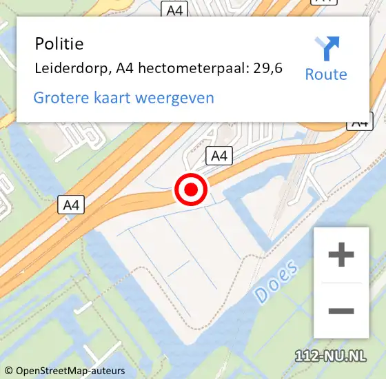 Locatie op kaart van de 112 melding: Politie Leiderdorp, A4 hectometerpaal: 29,6 op 19 mei 2024 20:00