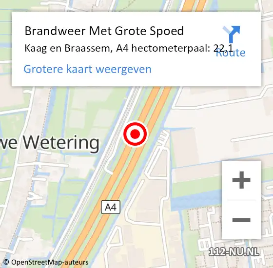 Locatie op kaart van de 112 melding: Brandweer Met Grote Spoed Naar Kaag en Braassem, A4 hectometerpaal: 22,1 op 19 mei 2024 21:29