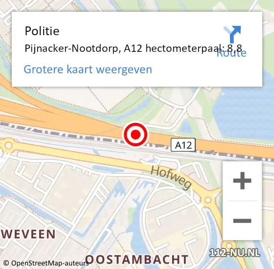 Locatie op kaart van de 112 melding: Politie Pijnacker-Nootdorp, A12 hectometerpaal: 8,8 op 20 mei 2024 00:41