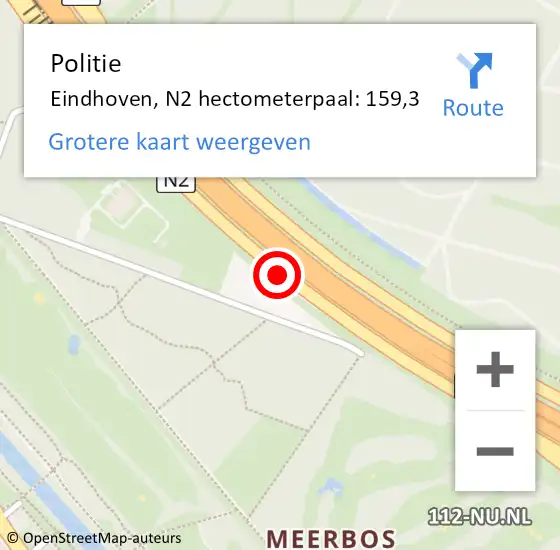 Locatie op kaart van de 112 melding: Politie Eindhoven, N2 hectometerpaal: 159,3 op 20 mei 2024 01:39