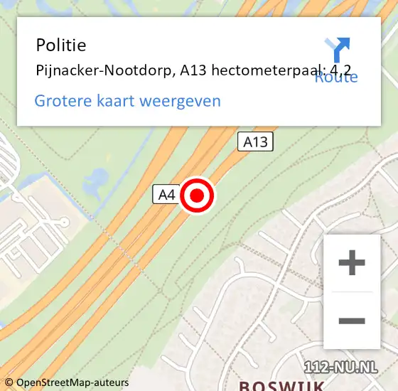 Locatie op kaart van de 112 melding: Politie Pijnacker-Nootdorp, A13 hectometerpaal: 4,2 op 20 mei 2024 02:47