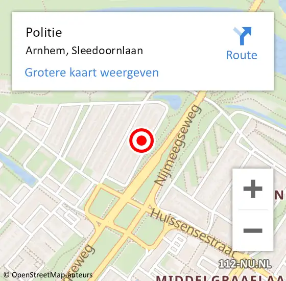 Locatie op kaart van de 112 melding: Politie Arnhem, Sleedoornlaan op 20 mei 2024 04:12