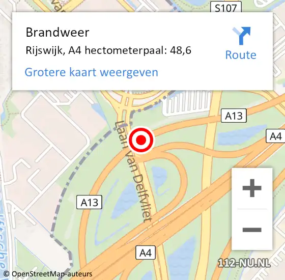 Locatie op kaart van de 112 melding: Brandweer Rijswijk, A4 hectometerpaal: 48,6 op 20 mei 2024 05:51