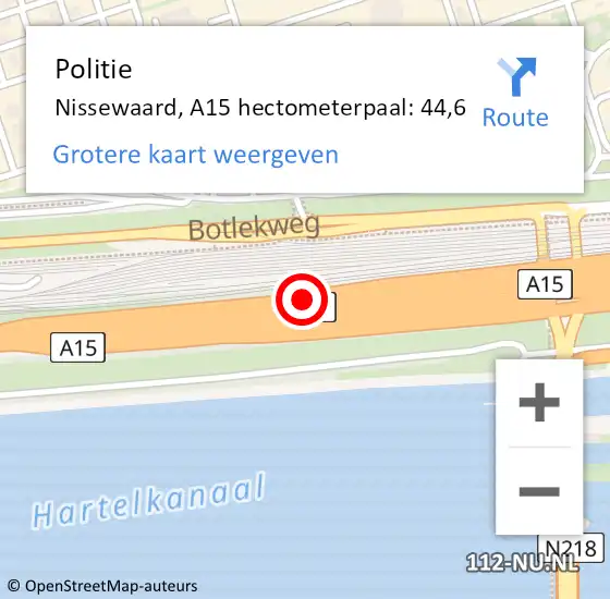 Locatie op kaart van de 112 melding: Politie Nissewaard, A15 hectometerpaal: 44,6 op 20 mei 2024 06:20